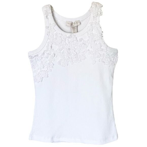 Caroline Constas White Ribbed Knit Lace Appliqué Tank Top NWT Size Extra Small - Picture 1 of 6